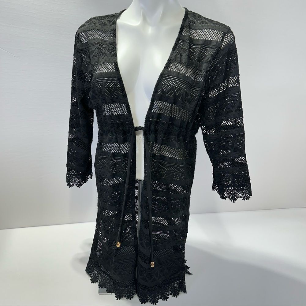 Club Z Black Lace Swim Cover-Up Size L Crochet Knit Mesh Drawstring Waist
